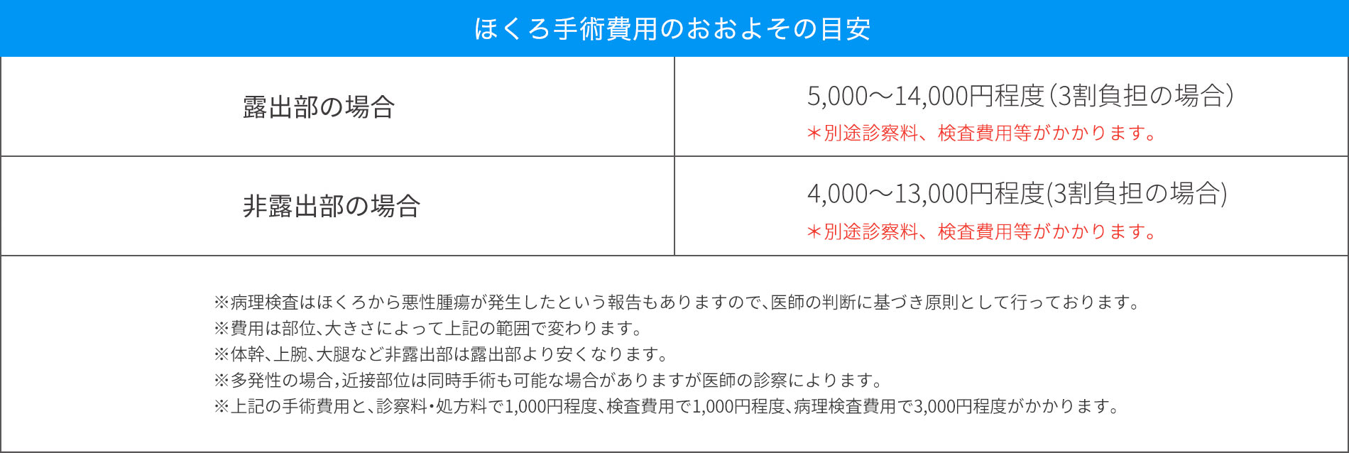 ほくろ治療の料金